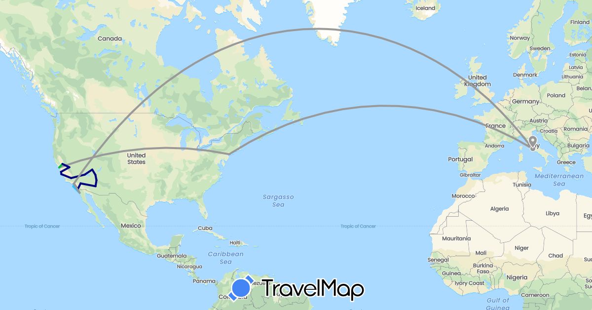 TravelMap itinerary: driving, bus, plane, boat in United Kingdom, Italy, Mexico, United States (Europe, North America)